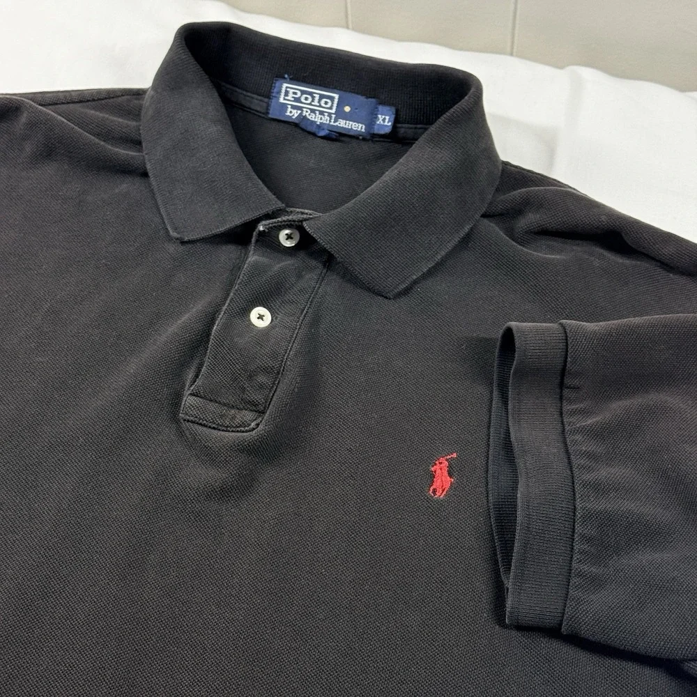 Vintage Polo Ralph Lauren Polo Shirt Mens XL Black Pique Cotton Red Pony 90s